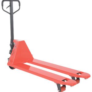 The Vestil Full Featured Pallet Truck 5.5K 20 X 48 is a red manual jack with a black handle and two long forks. Its front and rear wheels aid in seamlessly lifting and transporting pallets in warehouses or stores.