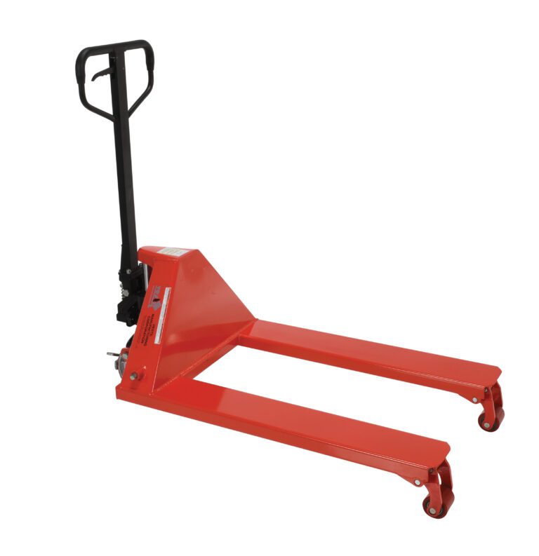 The Vestil Pallet Truck 27X38 features a red frame, black handle, and long metal forks. Small wheels at the tips and base ensure smooth maneuverability, ideal for lifting and moving pallets in warehouses or storage areas.