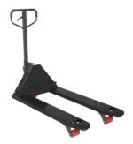 The Vestil Full Featured Pallet Truck 5.5K 27 X 48 Black features a sleek black frame and vibrant red wheels. Its handle is raised, and its forks extend invitingly towards the viewer against a white backdrop.