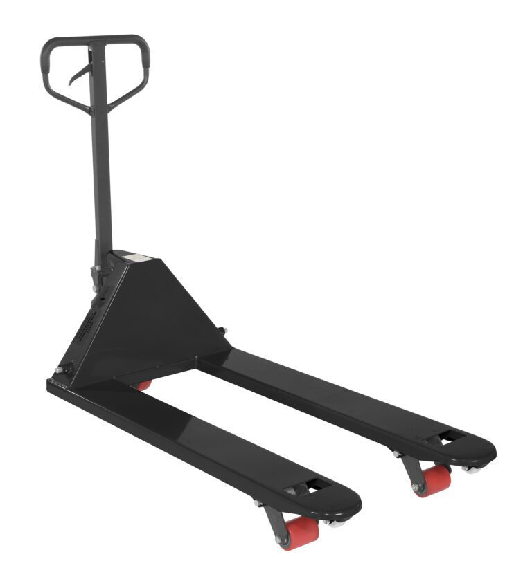 The Vestil Full Featured Pallet Truck 5.5K 27 X 48 Black features a sleek black frame and vibrant red wheels. Its handle is raised, and its forks extend invitingly towards the viewer against a white backdrop.