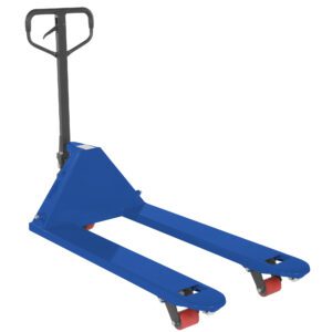 The Vestil Full Featured Pallet Truck 5.5K 27 x 48 Blue is designed for efficient lifting and moving of pallets in warehouses and factories, featuring a blue frame, black handle, and red wheels.