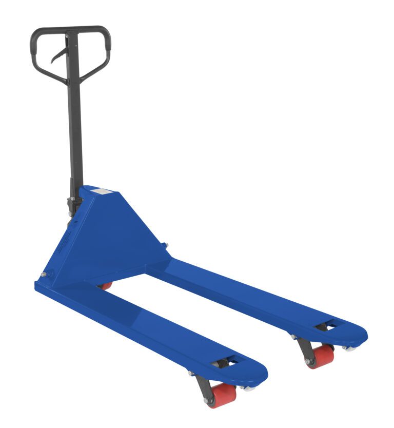 The Vestil Full Featured Pallet Truck 5.5K 27 x 48 Blue is designed for efficient lifting and moving of pallets in warehouses and factories, featuring a blue frame, black handle, and red wheels.