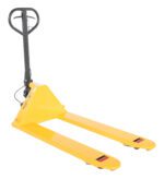 The Vestil Pallet Truck features a vibrant yellow frame, a robust black handle, parallel forks, and small red wheels, making it ideal for efficiently lifting and moving pallets in warehouses or industrial settings.