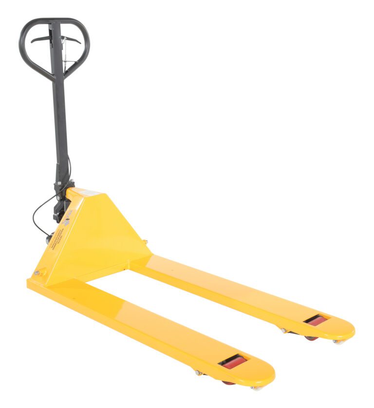 The Vestil Pallet Truck features a vibrant yellow frame, a robust black handle, parallel forks, and small red wheels, making it ideal for efficiently lifting and moving pallets in warehouses or industrial settings.