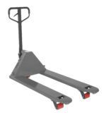 The Vestil Full Featured Pallet Truck 5.5K 27 X 48 Gray, featuring a sleek gray frame with a black handle and red wheels, has extended forks for efficiently lifting and moving pallets in warehouses. Designed for heavy loads, its dimensions are 27 x 48 inches.