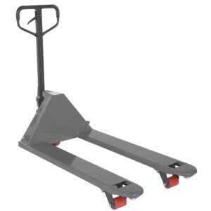 The Vestil Full Featured Pallet Truck 5.5K 27 X 48 Gray, featuring a sleek gray frame with a black handle and red wheels, has extended forks for efficiently lifting and moving pallets in warehouses. Designed for heavy loads, its dimensions are 27 x 48 inches.