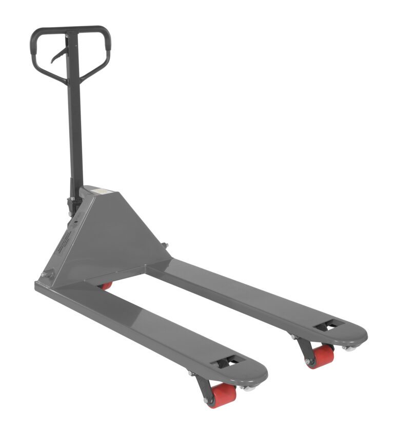 The Vestil Full Featured Pallet Truck 5.5K 27 X 48 Gray, featuring a sleek gray frame with a black handle and red wheels, has extended forks for efficiently lifting and moving pallets in warehouses. Designed for heavy loads, its dimensions are 27 x 48 inches.