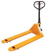 The Vestil Pallet Truck W/Brake 5.5K 27X48 is a yellow pallet jack with a black handle and wheels, designed to lift and move pallets efficiently. It features two forks and a pump lever at the handle for smooth maneuvering.