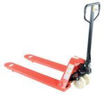 The Vestil Econo Pallet Truck-Nylon Wheel 27 X 48 features a red manual jack with a black handle and two white nylon wheels. Its hydraulic lifting mechanism and long forks offer simplicity and functionality, ideal for warehouses and retail stores.
