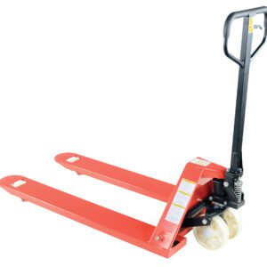 The Vestil Econo Pallet Truck-Nylon Wheel 27 X 48 features a red manual jack with a black handle and two white nylon wheels. Its hydraulic lifting mechanism and long forks offer simplicity and functionality, ideal for warehouses and retail stores.