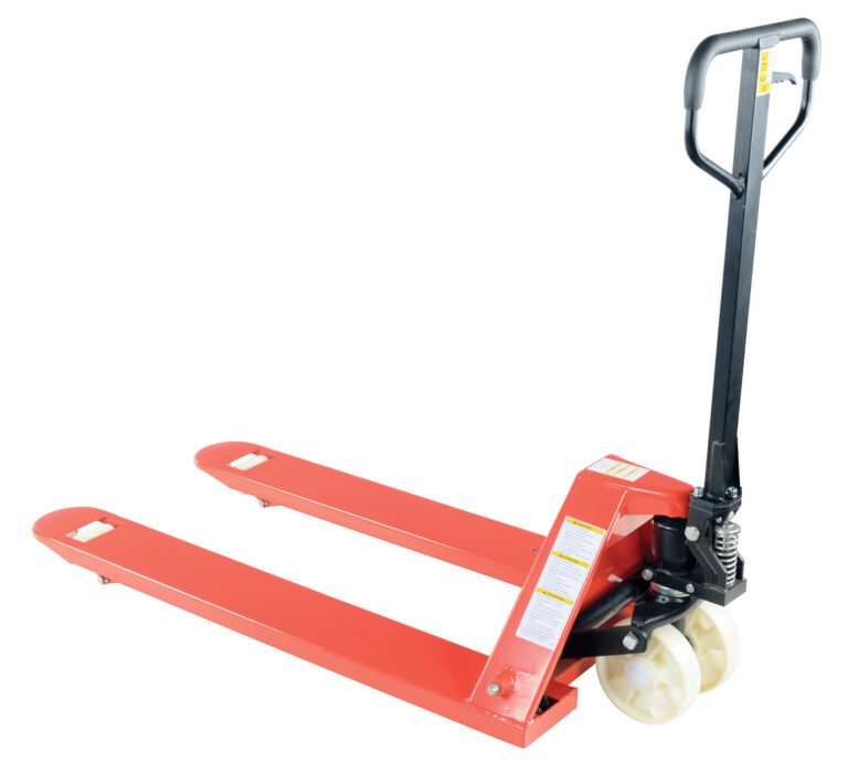 The Vestil Econo Pallet Truck-Nylon Wheel 27 X 48 features a red manual jack with a black handle and two white nylon wheels. Its hydraulic lifting mechanism and long forks offer simplicity and functionality, ideal for warehouses and retail stores.