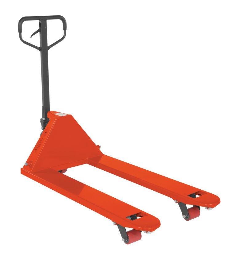 The Vestil Full Featured Pallet Truck 5.5K 27 X 48 in orange is equipped with a black handle and is designed for lifting and moving pallets. It features two parallel forks and small wheels for easy mobility, shown against a white background.