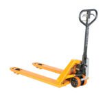 The Vestil Ergo Power Assist Pallet Truck 5K 27X48, model PST5000, showcases a yellow design, black handle, and two orange forks, ideal for easy lifting and moving pallets.