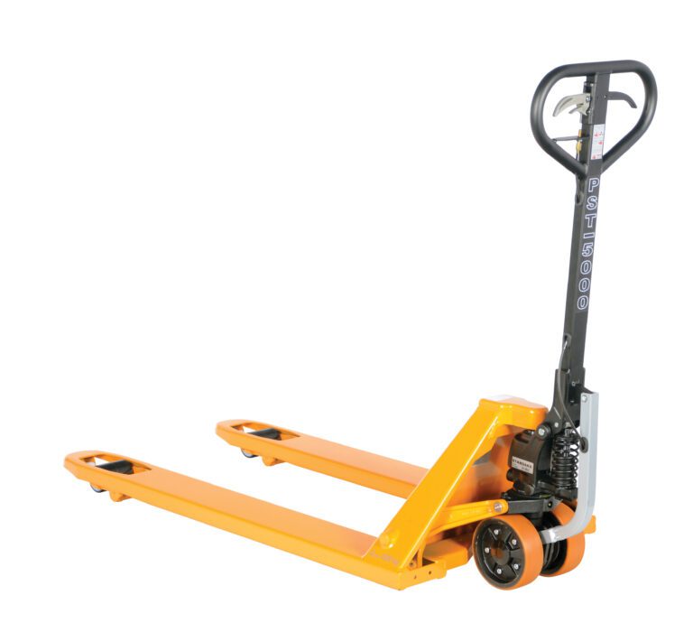 The Vestil Ergo Power Assist Pallet Truck 5K 27X48, model PST5000, showcases a yellow design, black handle, and two orange forks, ideal for easy lifting and moving pallets.