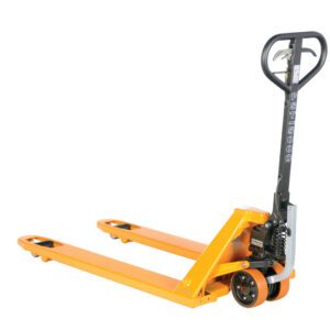 The Vestil Ergo Power Assist Pallet Truck 5K 27X48, model PST5000, showcases a yellow design, black handle, and two orange forks, ideal for easy lifting and moving pallets.