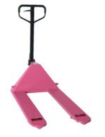 The Vestil Pink Pallet Truck 5.5K 27 X 48 features a black handlebar and two parallel forks, with a capacity of 5,500 lbs and dimensions of 27 x 48 inches. It is displayed upright against a white background for optimal pallet lifting and moving.
