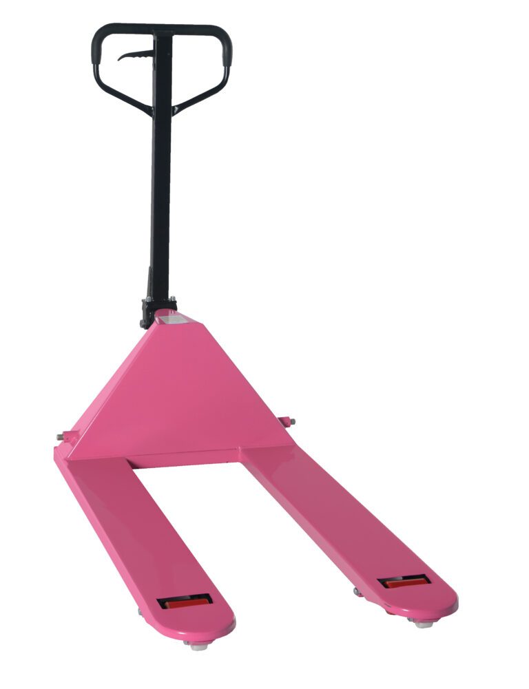 The Vestil Pink Pallet Truck 5.5K 27 X 48 features a black handlebar and two parallel forks, with a capacity of 5,500 lbs and dimensions of 27 x 48 inches. It is displayed upright against a white background for optimal pallet lifting and moving.