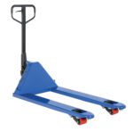 The Vestil Quick Lift Pallet Truck 5500 Lb 27 X 48 boasts a sleek blue finish, with dual forks and black handles on a white base. Its red front wheels pair with black load wheels at the fork tips for stable and efficient handling.