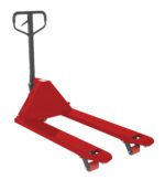 The Vestil Full Featured Pallet Truck 5.5K 27 X 48, in vibrant red with a black handle, is showcased against a crisp white background. Ideal for warehouses or industrial settings, its dual long forks and end wheels ensure efficient pallet maneuvering.