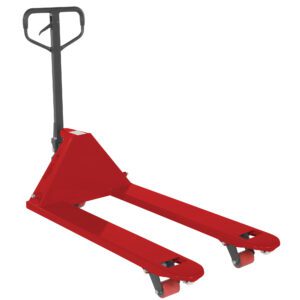 The Vestil Full Featured Pallet Truck 5.5K 27 X 48, in vibrant red with a black handle, is showcased against a crisp white background. Ideal for warehouses or industrial settings, its dual long forks and end wheels ensure efficient pallet maneuvering.