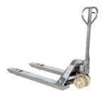 The Vestil Galvanized Steel Pallet Truck 27 X 48 features a silver finish, sturdy handlebar with a release lever for easy maneuvering, two large front white wheels, and long forks designed for efficient pallet lifting.