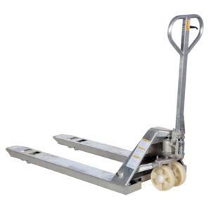The Vestil Galvanized Steel Pallet Truck 27 X 48 features a silver finish, sturdy handlebar with a release lever for easy maneuvering, two large front white wheels, and long forks designed for efficient pallet lifting.