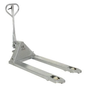 The Vestil Galvanized Steel Pallet Truck 27 x 48 is silver, with a manual handle, two prongs for lifting pallets, and features the CE marking 5502LB. Small wheels at the ends of the prongs enhance its maneuverability.