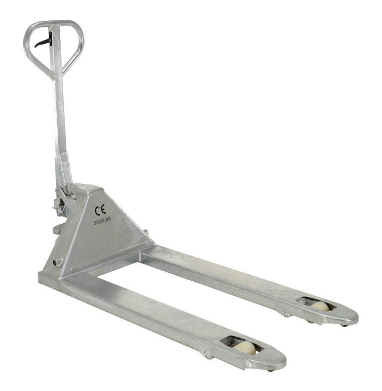 The Vestil Galvanized Steel Pallet Truck 27 x 48 is silver, with a manual handle, two prongs for lifting pallets, and features the CE marking 5502LB. Small wheels at the ends of the prongs enhance its maneuverability.