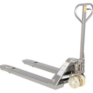 The Vestil Stainless Steel Frame Pallet Truck 27X48 boasts a sleek design and reflective fork surface, featuring a control lever for smooth lifting and lowering, along with a sturdy handle and dual wheels for easy maneuverability.