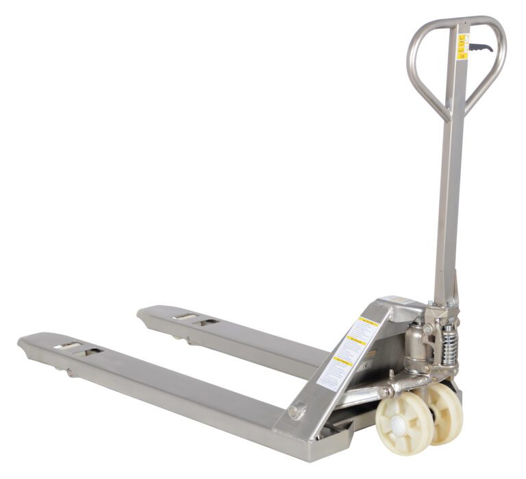 The Vestil Stainless Steel Frame Pallet Truck 27X48 boasts a sleek design and reflective fork surface, featuring a control lever for smooth lifting and lowering, along with a sturdy handle and dual wheels for easy maneuverability.