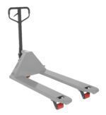 The Vestil Full Featured Pallet Truck 5.5K 27 X 48 Silver, featuring red wheels and a black handle, elegantly stands on a white background.