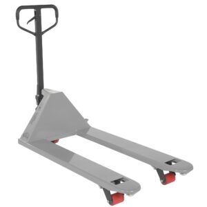 The Vestil Full Featured Pallet Truck 5.5K 27 X 48 Silver, featuring red wheels and a black handle, elegantly stands on a white background.