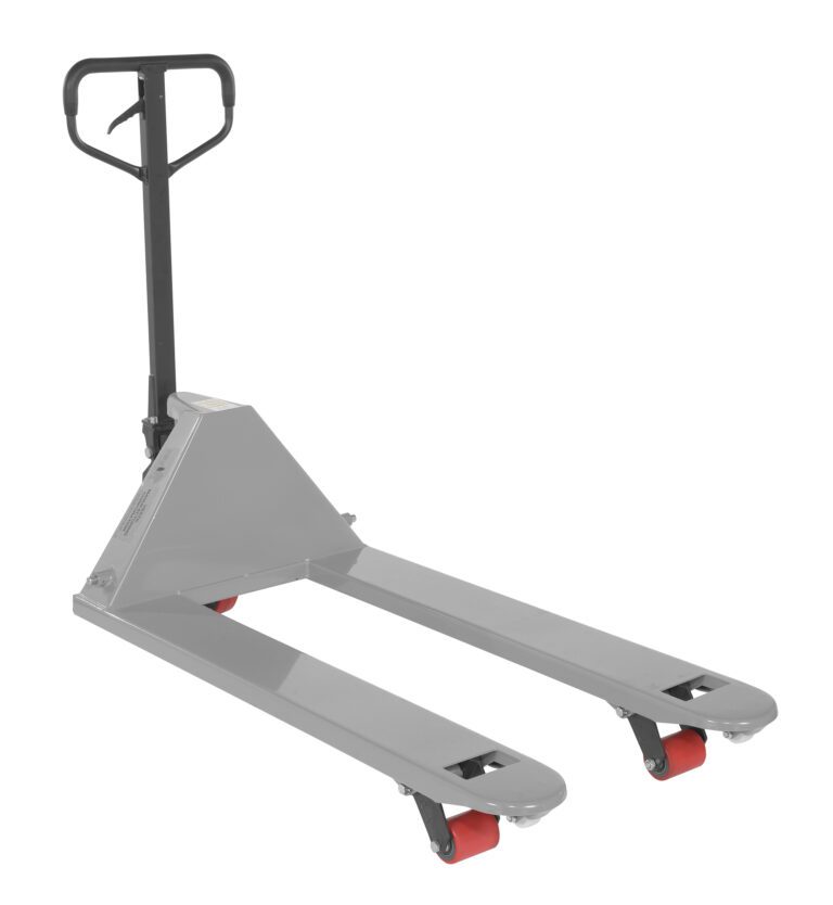 The Vestil Full Featured Pallet Truck 5.5K 27 X 48 Silver, featuring red wheels and a black handle, elegantly stands on a white background.
