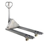 The Vestil Stainless Steel Pallet Truck 5.5K 27X48 is a silver manual pallet jack with a handle and long forks, designed for lifting and moving pallets. Its small base wheels ensure easy maneuverability, making it perfect for warehouse or storage areas.