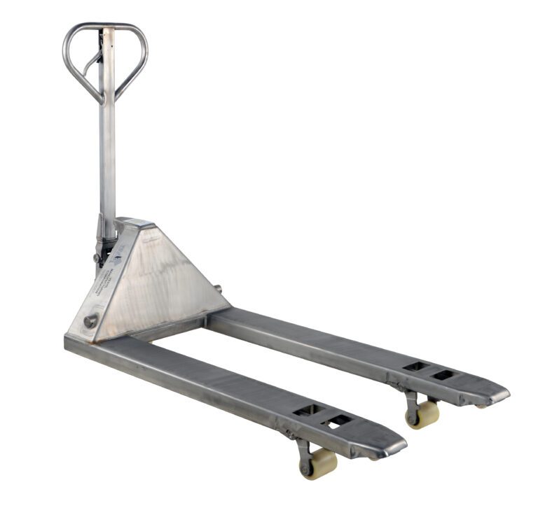 The Vestil Stainless Steel Pallet Truck 5.5K 27X48 is a silver manual pallet jack with a handle and long forks, designed for lifting and moving pallets. Its small base wheels ensure easy maneuverability, making it perfect for warehouse or storage areas.