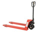 The Vestil Pallet Truck, with steel wheels and a black handle, efficiently lifts and moves pallets in warehouses. It has a 5.5K capacity, features long prongs for sliding under pallets, and uses a hydraulic mechanism for easy maneuverability. Dimensions are 27 x 48 inches.