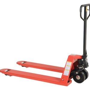 The Vestil Pallet Truck, with steel wheels and a black handle, efficiently lifts and moves pallets in warehouses. It has a 5.5K capacity, features long prongs for sliding under pallets, and uses a hydraulic mechanism for easy maneuverability. Dimensions are 27 x 48 inches.