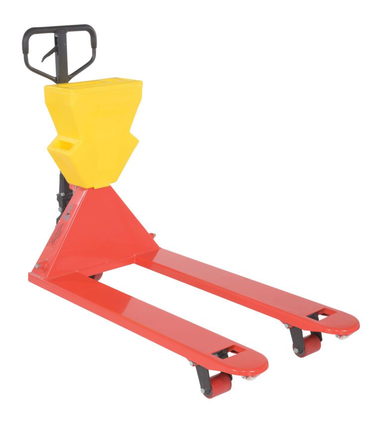 The Vestil Red Pallet Truck 5.5K 27 X 48 Yellow P-Caddy features forks with a P-Caddy weight scale, upright handle, and visible base wheels for efficient pallet moving and weighing.