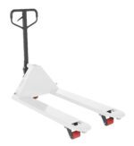 The Vestil Full Featured Pallet Truck 5.5K 27 X 48 White, featuring a black handle and red wheels, is perfect for lifting and moving pallets in warehouses or storage areas. Its upright handle and parallel tines provide smooth operation.
