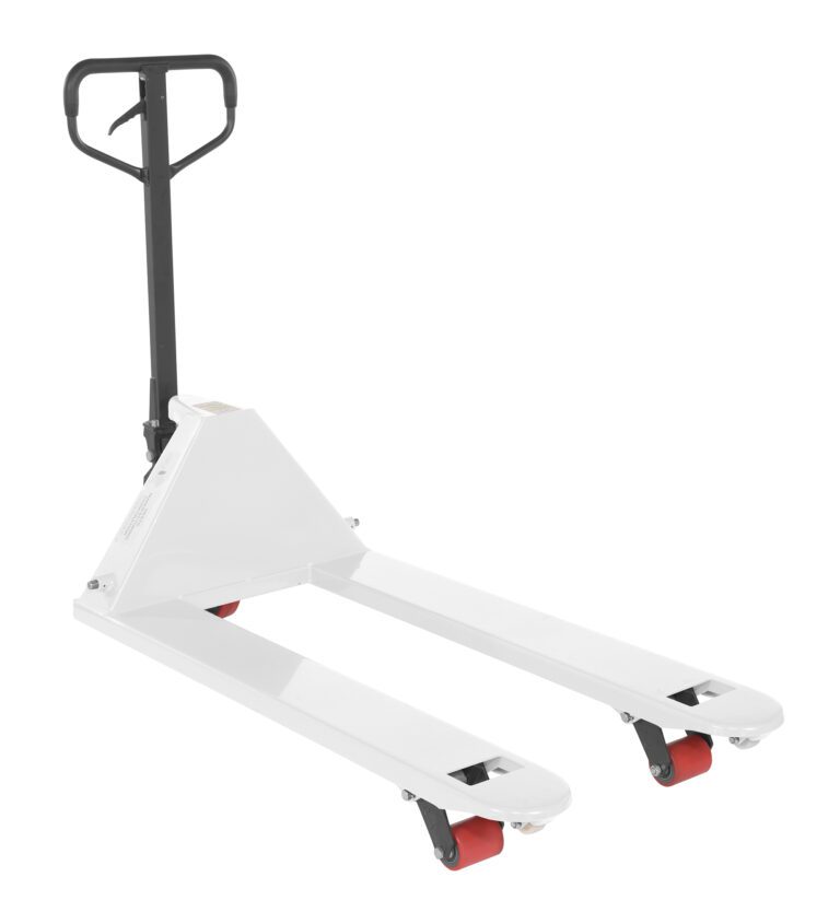 The Vestil Full Featured Pallet Truck 5.5K 27 X 48 White, featuring a black handle and red wheels, is perfect for lifting and moving pallets in warehouses or storage areas. Its upright handle and parallel tines provide smooth operation.