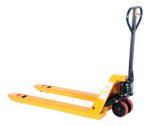 The Vestil 6 Pack-Yellow Pallet Truck 5.5K 27 X 48 showcases a vibrant yellow manual pallet jack, complete with black handles and red wheels, set at a side angle on a plain white background.