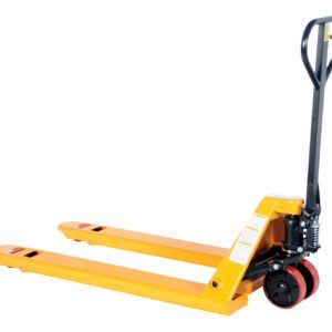 The Vestil 6 Pack-Yellow Pallet Truck 5.5K 27 X 48 showcases a vibrant yellow manual pallet jack, complete with black handles and red wheels, set at a side angle on a plain white background.