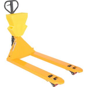 The Vestil Yellow Pallet Truck 5.5K, measuring 27 x 48 and featuring a black handle, extended forks, and black wheels, is perfect for warehouses. It efficiently moves pallets and includes the convenient Yellow P-Caddy accessory.