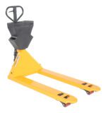 The Vestil Yellow Pallet Truck 5.5K 27 X 48 Black P-Caddy, with a sturdy base and extended forks, is ideal for moving heavy pallets in warehouses and shipping areas.