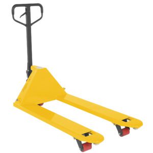 The Vestil Full Featured Pallet Truck 5.5K 27 X 48 Yellow stands out with its yellow frame, black handle, and red wheels, prominently displayed against a white backdrop.