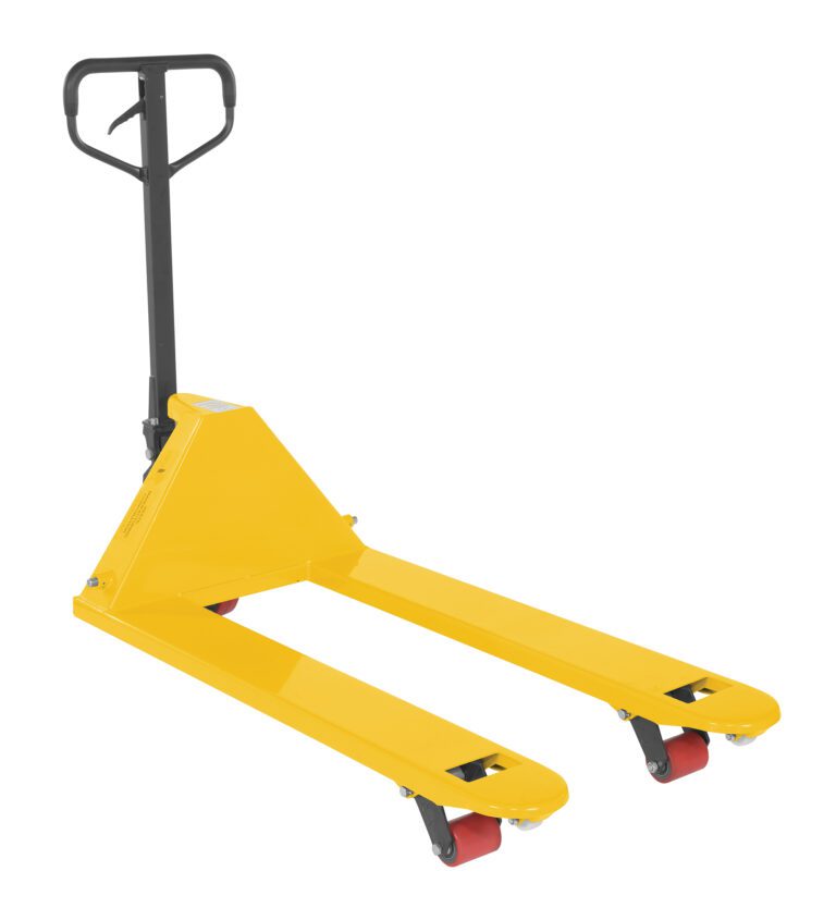 The Vestil Full Featured Pallet Truck 5.5K 27 X 48 Yellow stands out with its yellow frame, black handle, and red wheels, prominently displayed against a white backdrop.