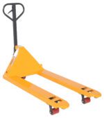 The Vestil Yellow Pallet Truck 5.5K 27 X 48 features a robust black handle, long forks, and tough red wheels, ideal for efficiently lifting and transporting pallets in warehouses.