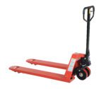 The Vestil Full Featured Pallet Truck 6K 27 X 48 is a red manual jack with a black handle, featuring two long forks and red front wheels for lifting pallets. Its controls are conveniently located on the handle.