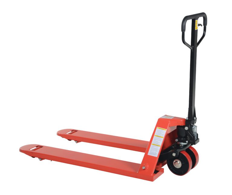 The Vestil Full Featured Pallet Truck 6K 27 X 48 is a red manual jack with a black handle, featuring two long forks and red front wheels for lifting pallets. Its controls are conveniently located on the handle.
