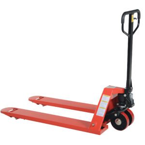 The Vestil Full Featured Pallet Truck 6K 27 X 48 is a red manual jack with a black handle, featuring two long forks and red front wheels for lifting pallets. Its controls are conveniently located on the handle.